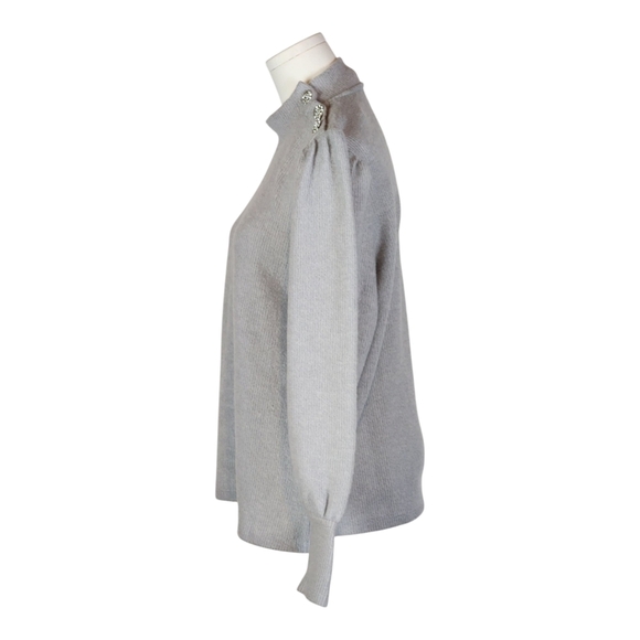 Como Blu Gray Rhinestone Button Shoulder Sweater Balloon Sleeve L - Picture 3 of 8